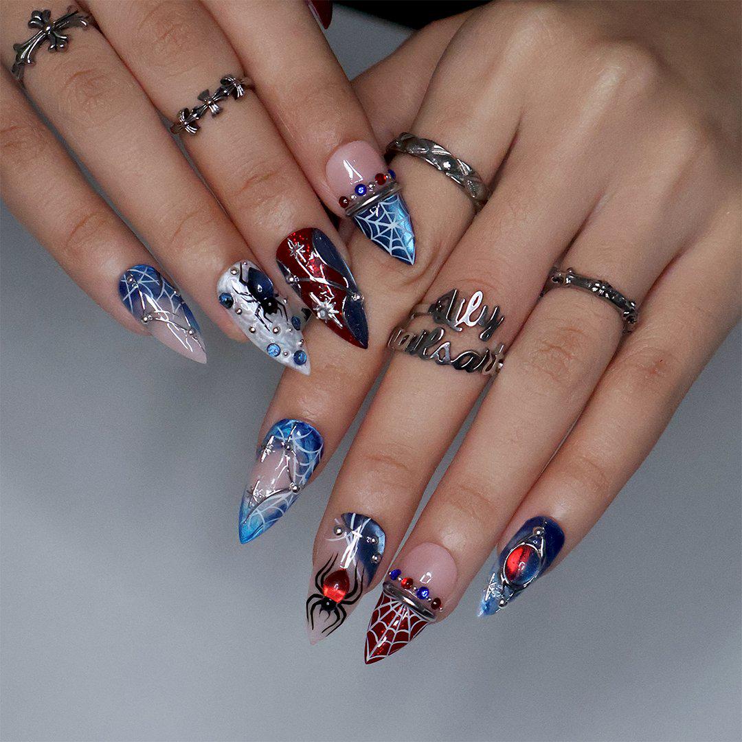 Red, Navy, and Nude Spiderweb Halloween Nail Set With 3D Spiders