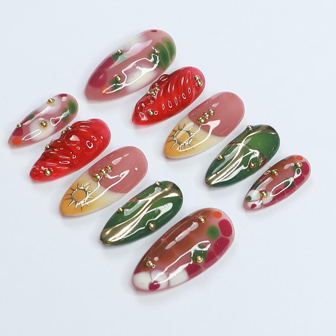 Holiday Red, Green & Blush Pink Nail Set With Gold Sun Details