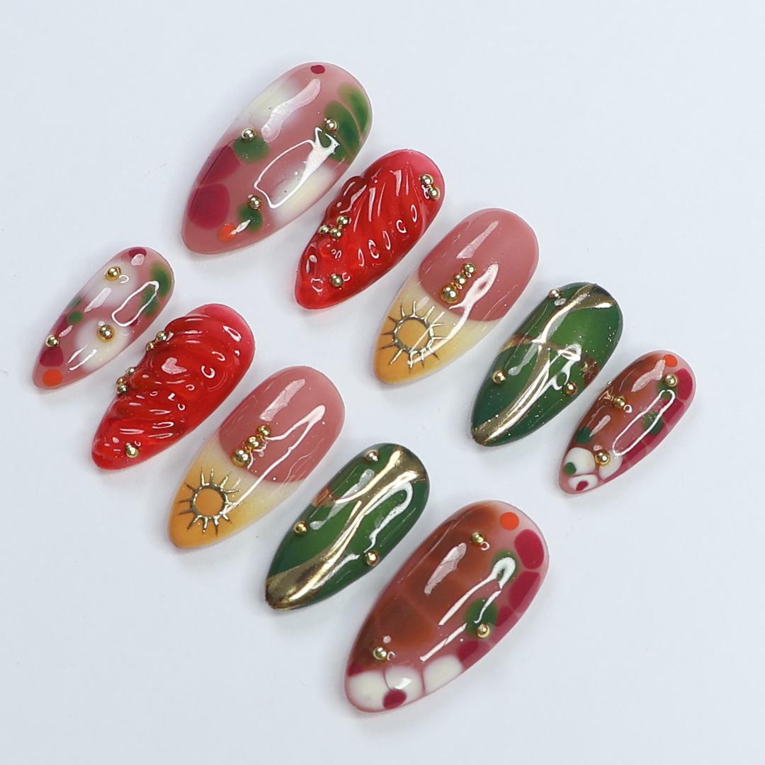 Holiday Red, Green & Blush Pink Nail Set With Gold Sun Details