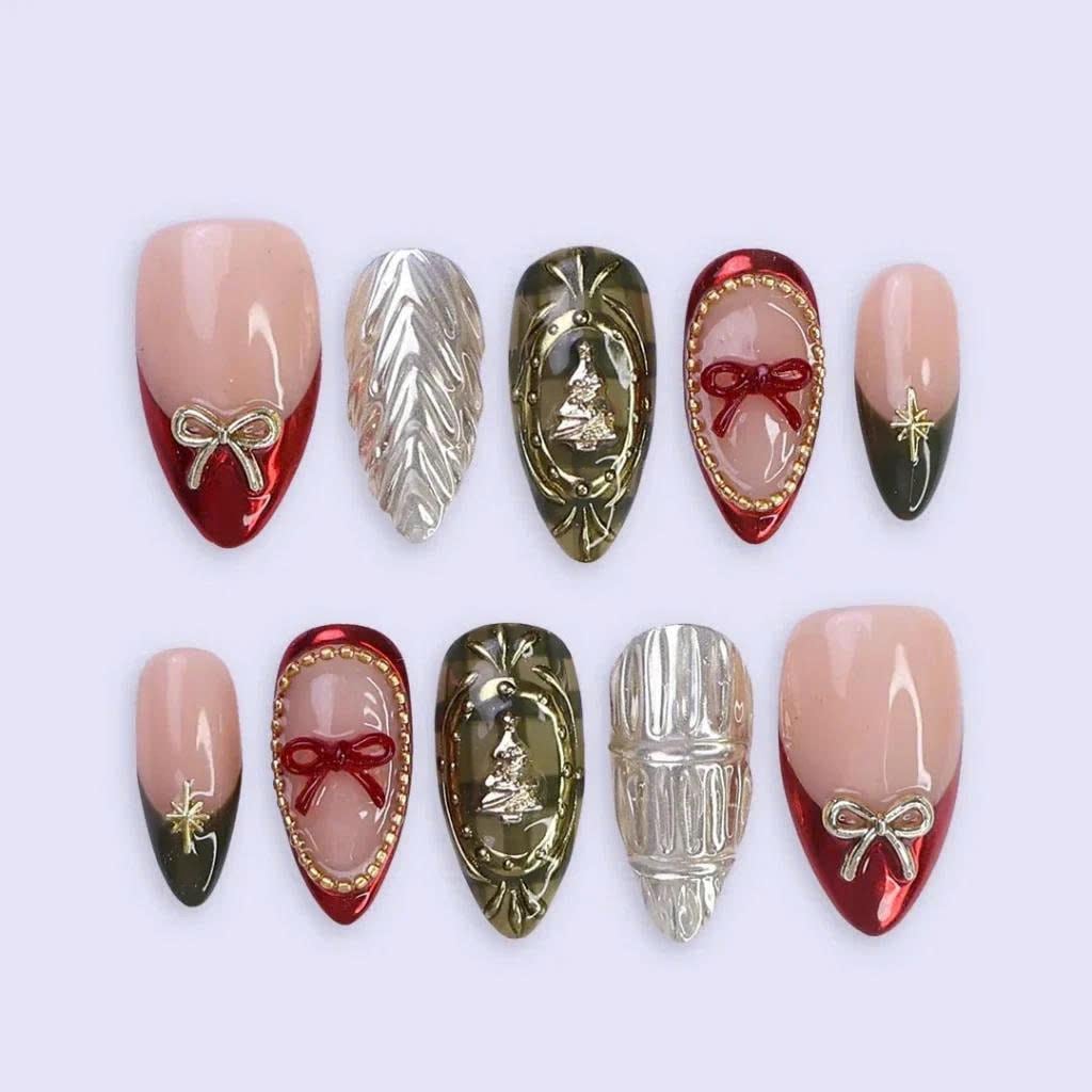 Christmas Press On Nails with Red and Olive French Tips, Silver Chrome and Raised Tree Details