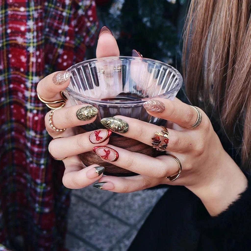 Christmas Press On Nails with Red and Olive French Tips, Silver Chrome and Raised Tree Details