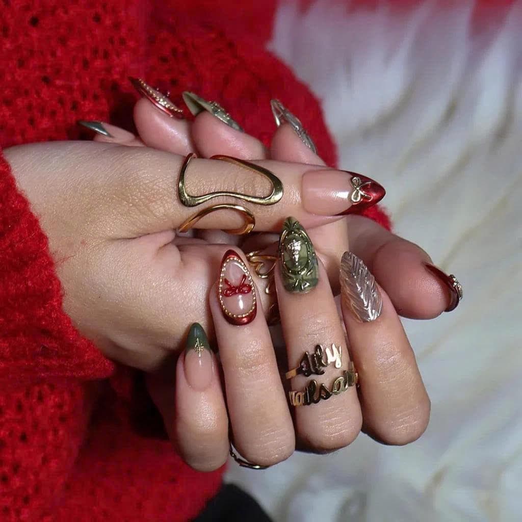 Christmas Press On Nails with Red and Olive French Tips, Silver Chrome and Raised Tree Details