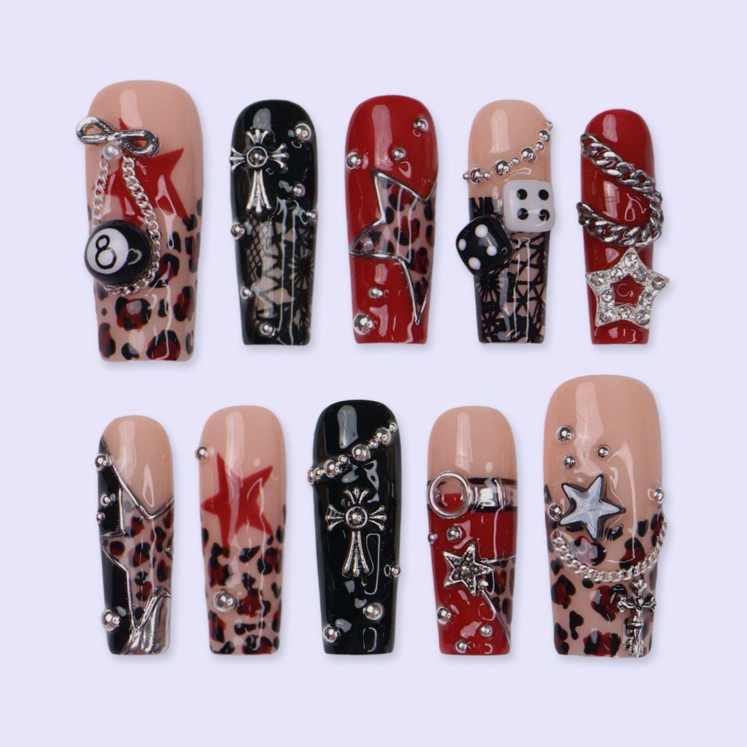 Red, Black & Leopard Print Gothic Nails With Chains, Dice and Star Charms