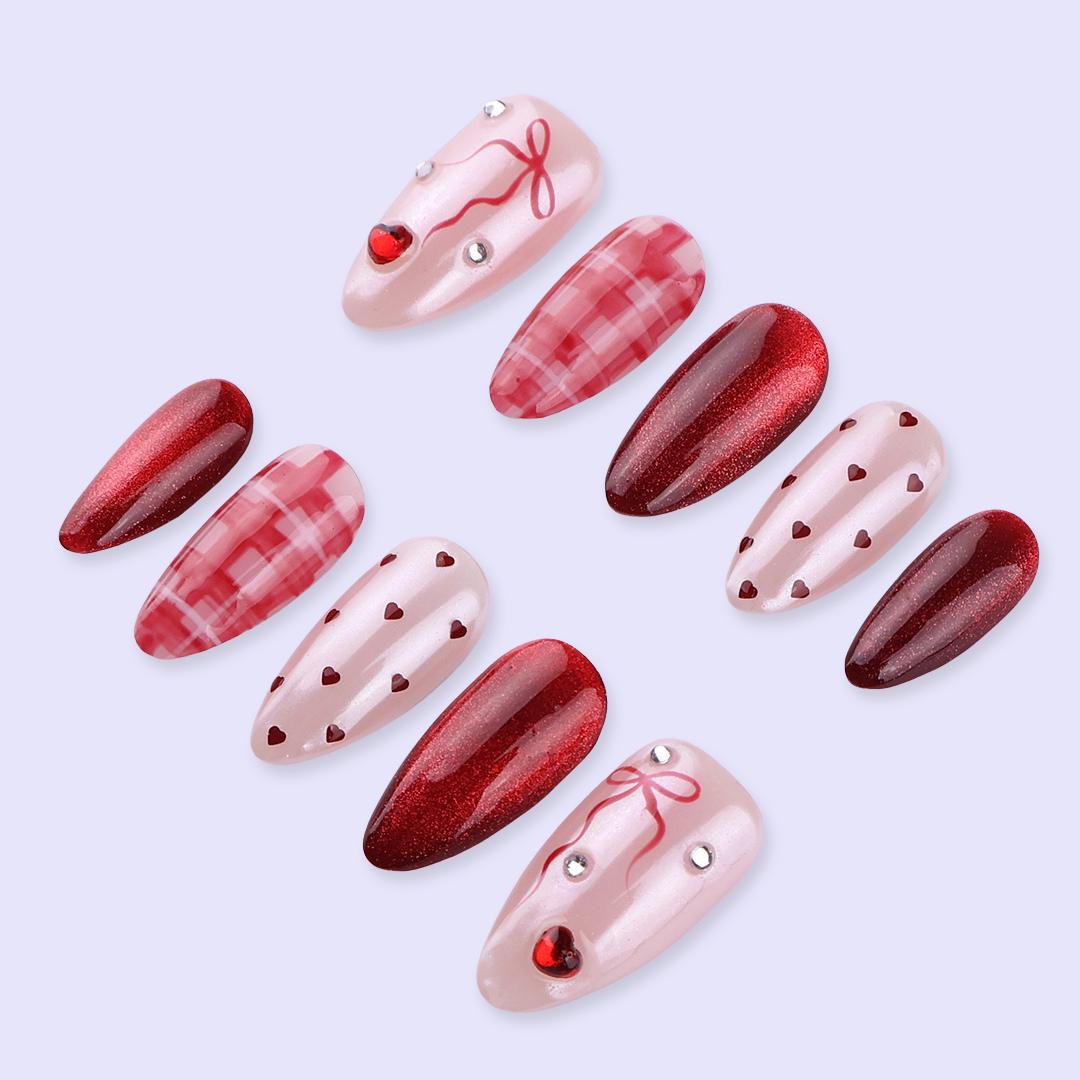 Valentine Press On Nails with Red Hearts, Pink Plaid, Bow Charms and Glitter Cat Eye