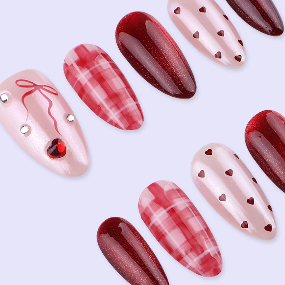 Valentine Press On Nails with Red Hearts, Pink Plaid, Bow Charms and Glitter Cat Eye