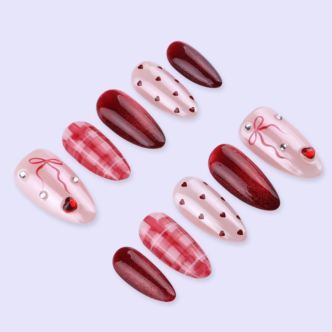 Valentine Press On Nails with Red Hearts, Pink Plaid, Bow Charms and Glitter Cat Eye