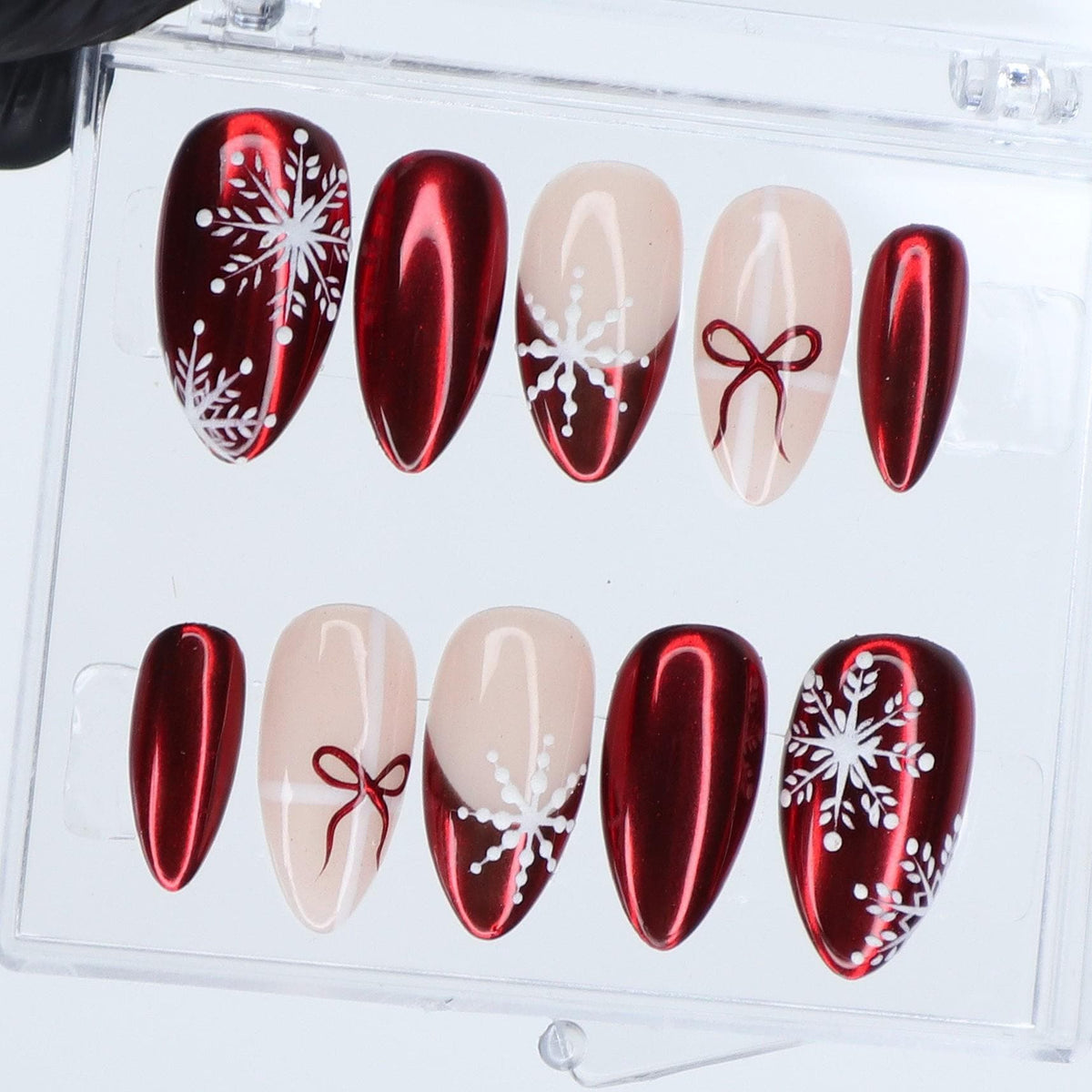 Red Chrome Snowflake and Bow Holiday Nail Set