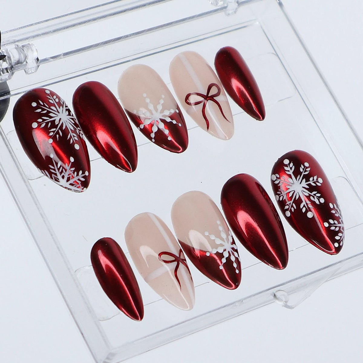 Red Chrome Snowflake and Bow Holiday Nail Set
