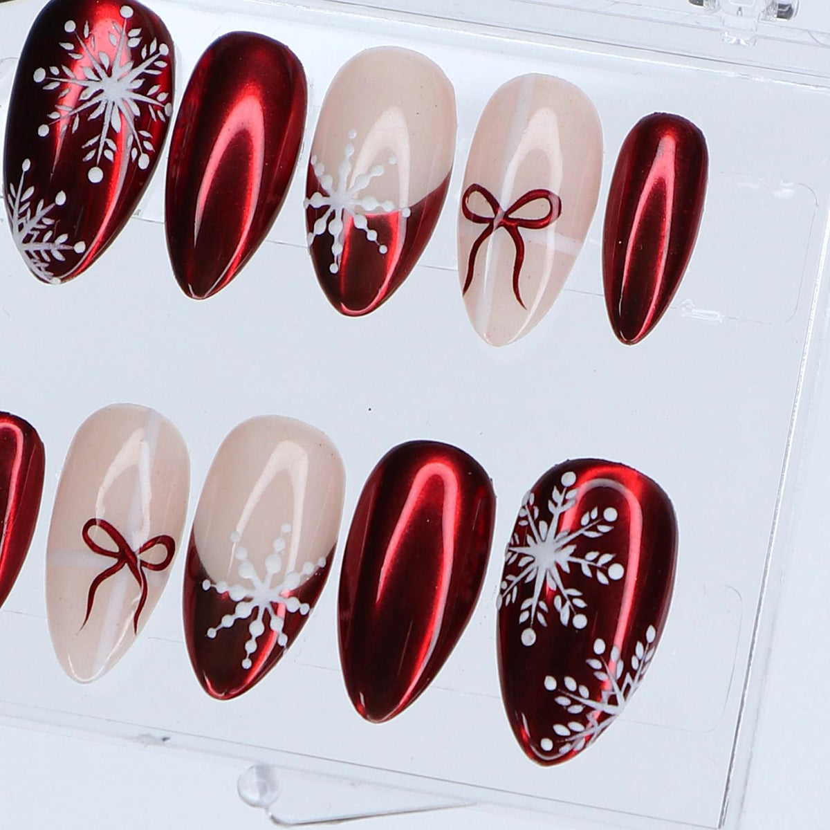 Red Chrome Snowflake and Bow Holiday Nail Set