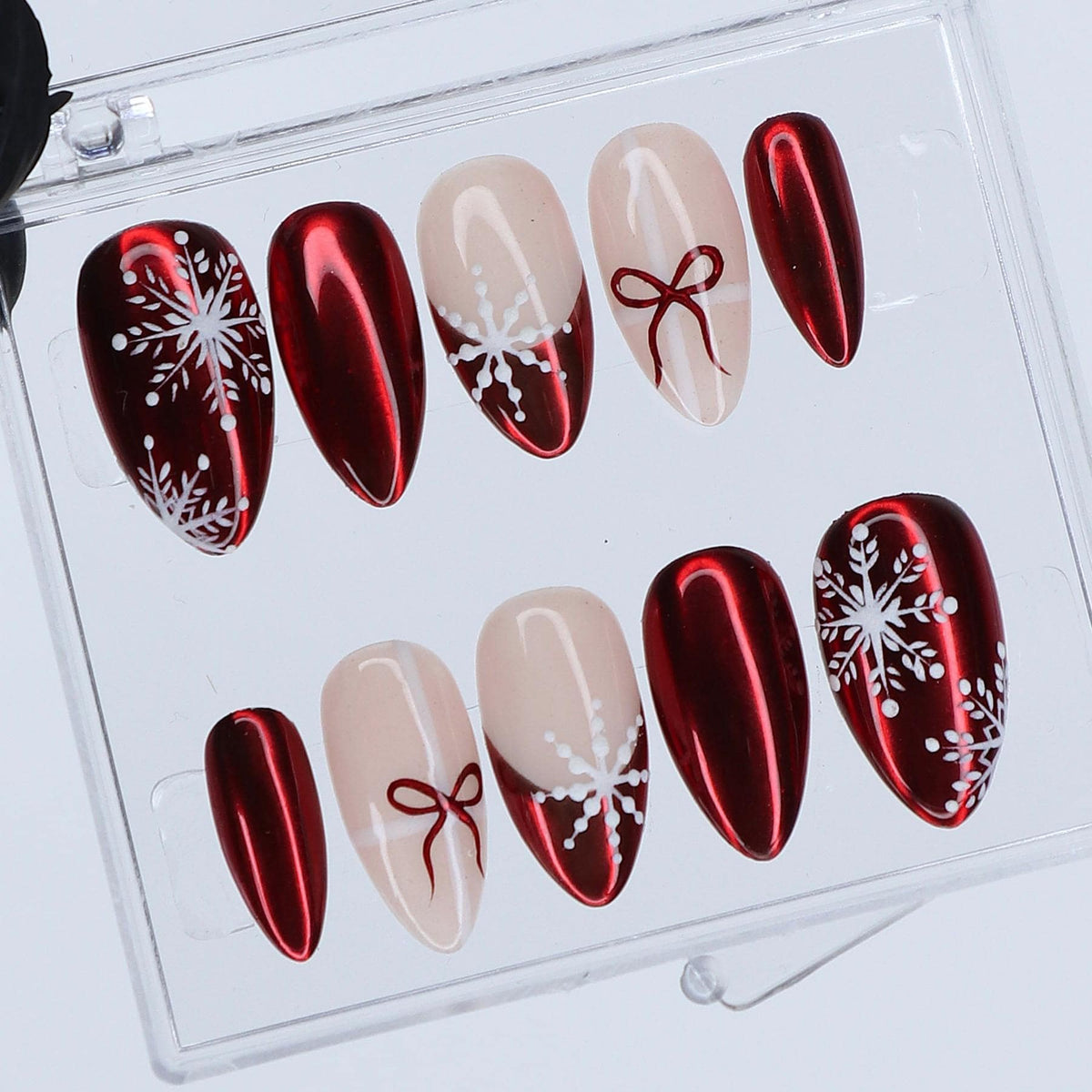 Red Chrome Snowflake and Bow Holiday Nail Set