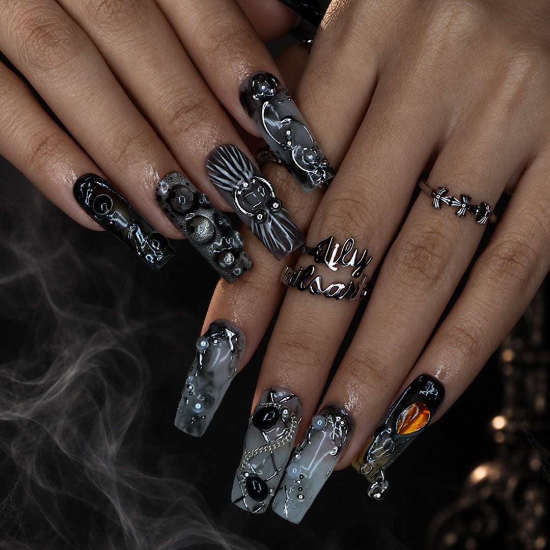 Halloween Smoky Gray and Black Chrome Nails with Amber Gems, Pearls and Chain Details