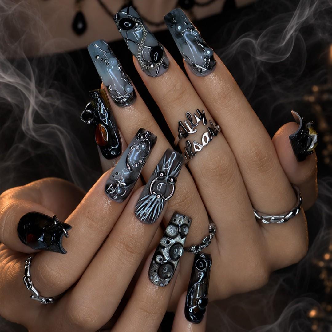 Halloween Smoky Gray and Black Chrome Nails with Amber Gems, Pearls and Chain Details