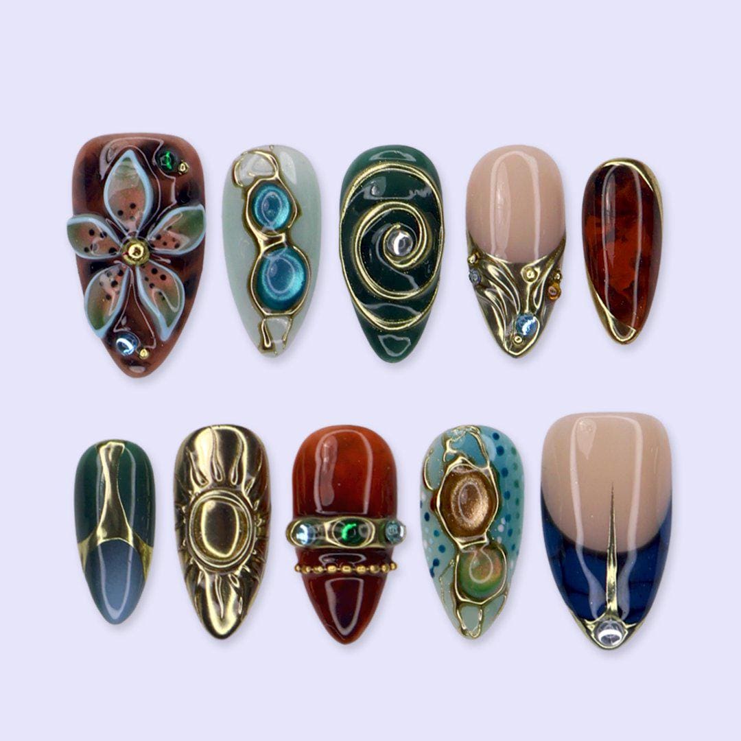 Fall Jewel-Toned Teal and Amber Nails with Gold Swirls and 3D Flower