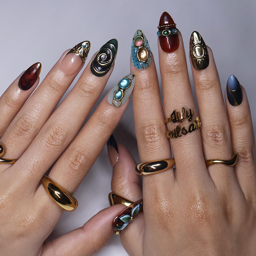 Fall Jewel-Toned Teal and Amber Nails with Gold Swirls and 3D Flower