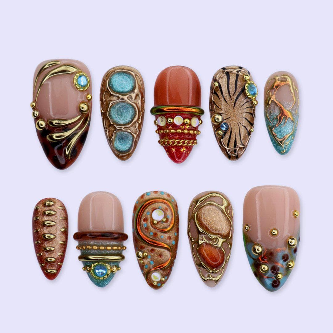 Turquoise Stone and Tortoiseshell Press On Nails with Ornate Gold Details
