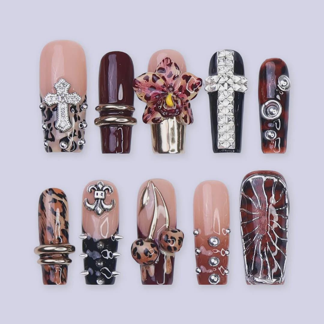 Autumn Burgundy Leopard Print Nails With 3D Orchid and Cross Details
