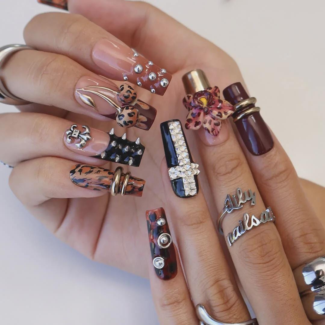 Autumn Burgundy Leopard Print Nails With 3D Orchid and Cross Details
