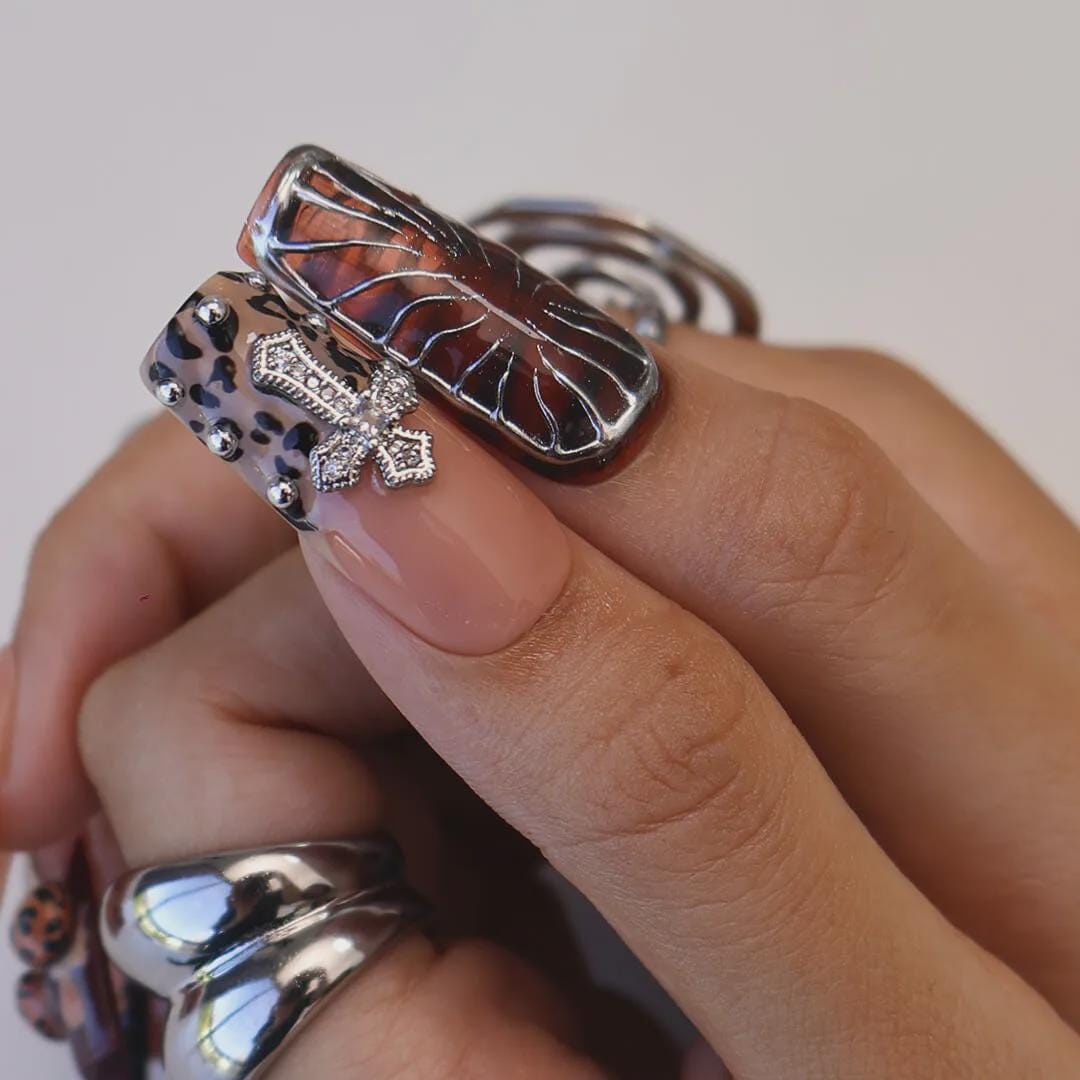 Autumn Burgundy Leopard Print Nails With 3D Orchid and Cross Details