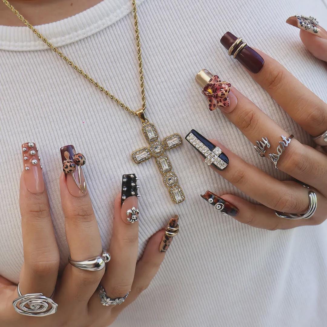 Autumn Burgundy Leopard Print Nails With 3D Orchid and Cross Details
