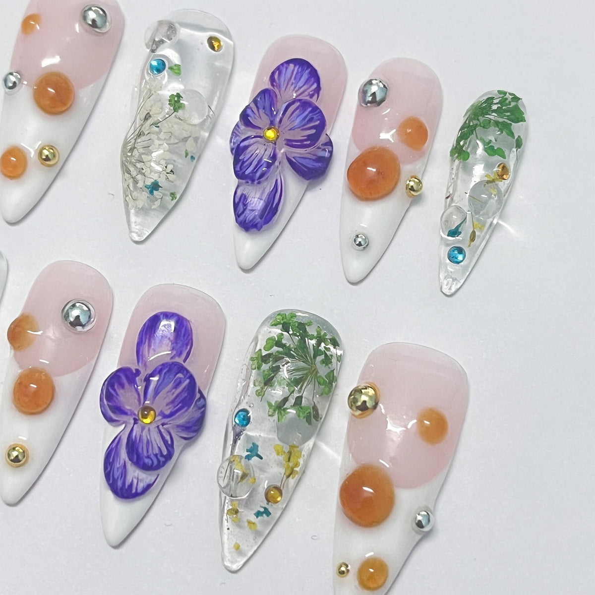Pressed Floral Nails With Purple 3D Flowers, Amber Dots and Rhinestones
