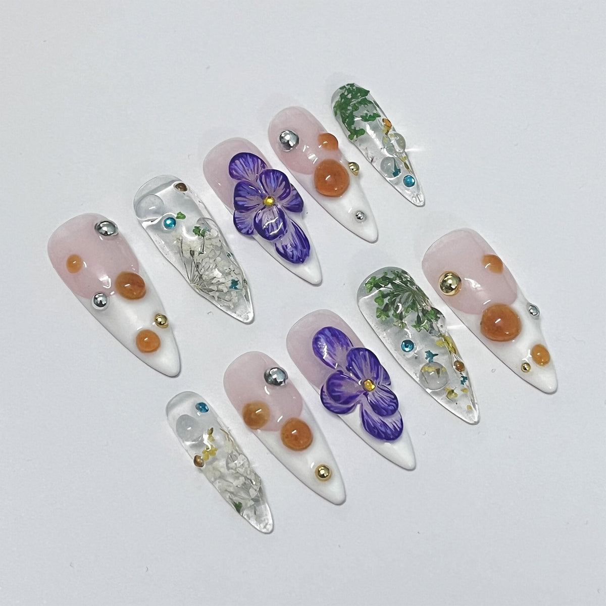 Pressed Floral Nails With Purple 3D Flowers, Amber Dots and Rhinestones