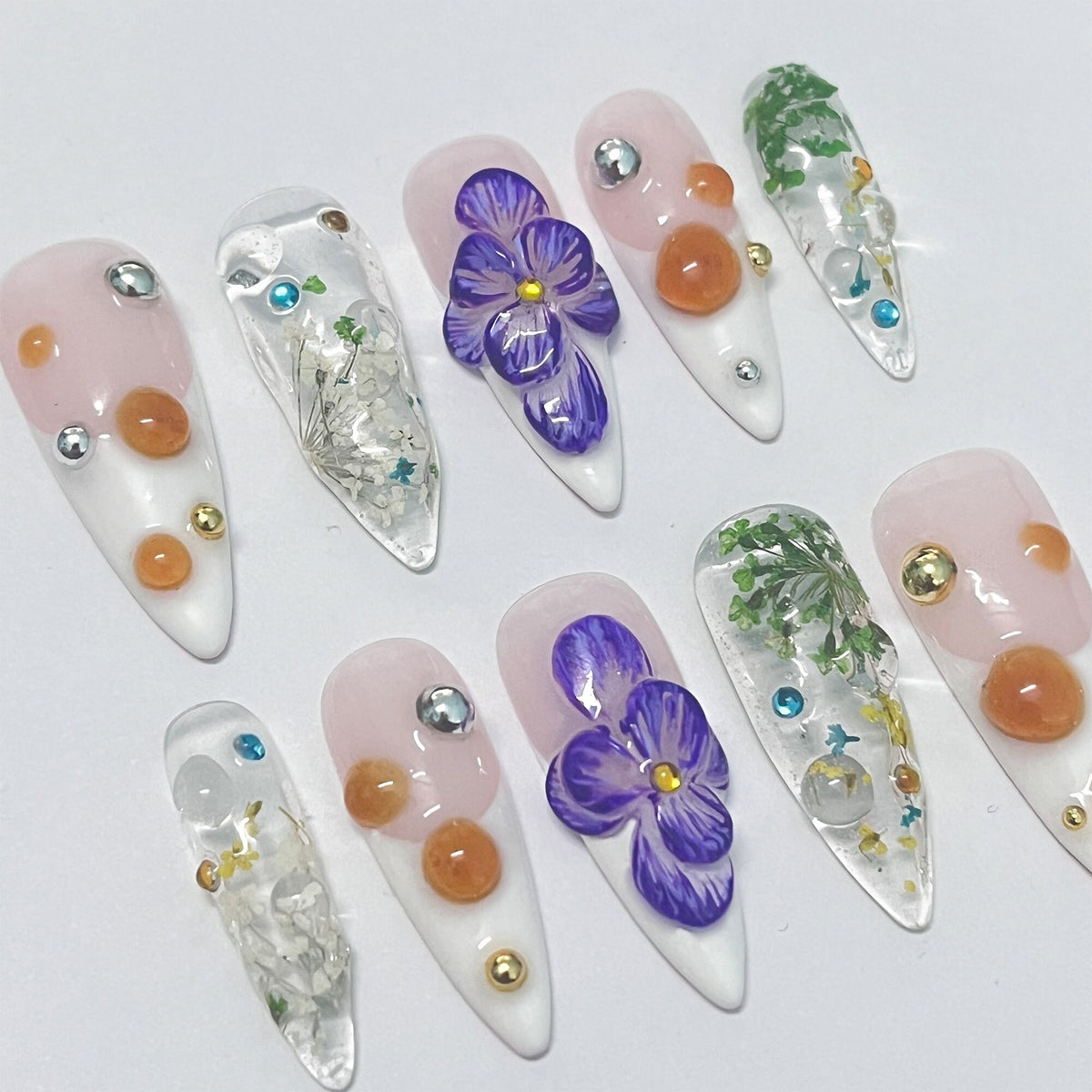 Pressed Floral Nails With Purple 3D Flowers, Amber Dots and Rhinestones