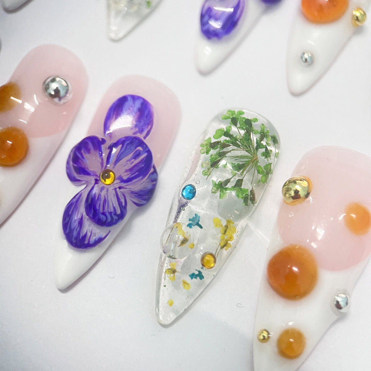 Pressed Floral Nails With Purple 3D Flowers, Amber Dots and Rhinestones
