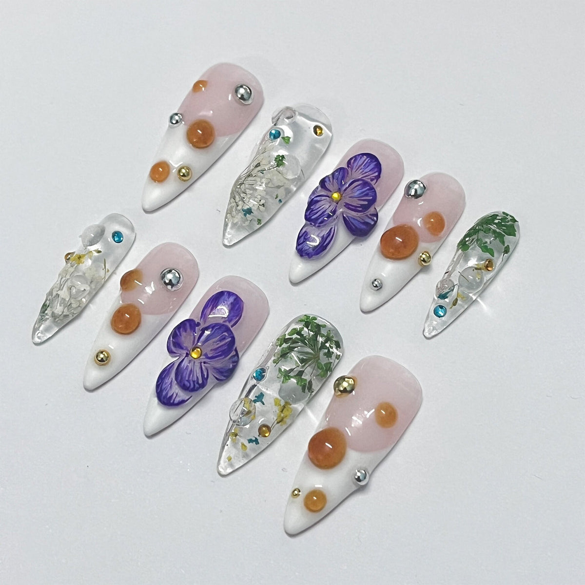 Pressed Floral Nails With Purple 3D Flowers, Amber Dots and Rhinestones