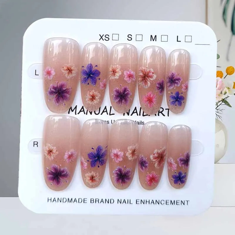 Pressed Flower Cat Eye Press On Nails in Nude Pink