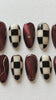Burgundy Cat Eye and Black-Ivory Checkerboard Press-On Nails