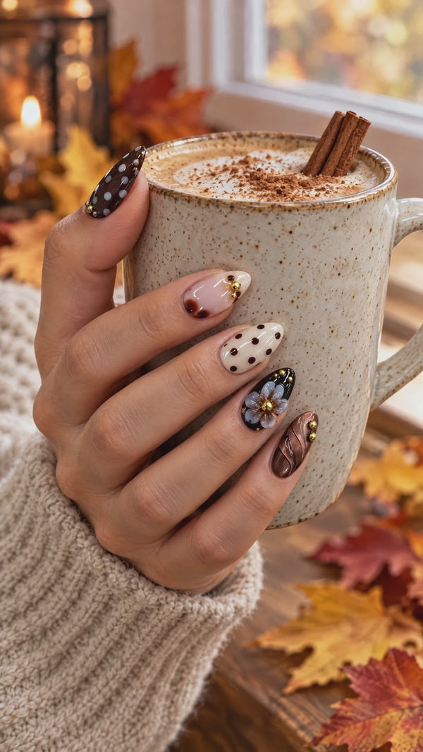 Fall floral and polka dot press-on nails holding a spiced latte