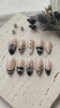 Y2K Grunge Nude Pink and Black 3D Flower Nails with Silver Rings and Pearl Accents