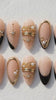 Black French Tip Press-On Nails with Gold Celestial and Pearl Details