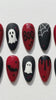 Red and Black Halloween Press-On Nails With Ghosts, Spiderwebs and Coffin Art