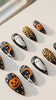 Black Halloween Press On Nails With Orange Pumpkins, Ghosts and Gold Spiderwebs