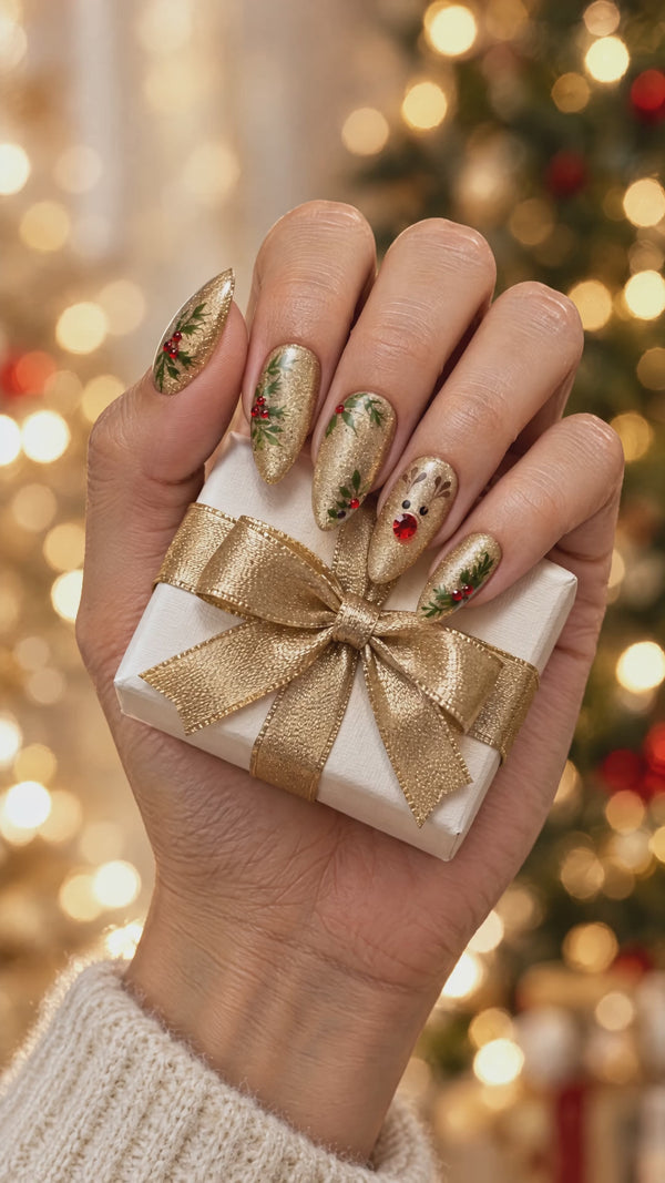 Champagne gold holiday press-on nails holding a gift box