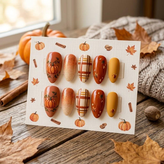 Pumpkin and Autumn Plaid Press On Nail Set