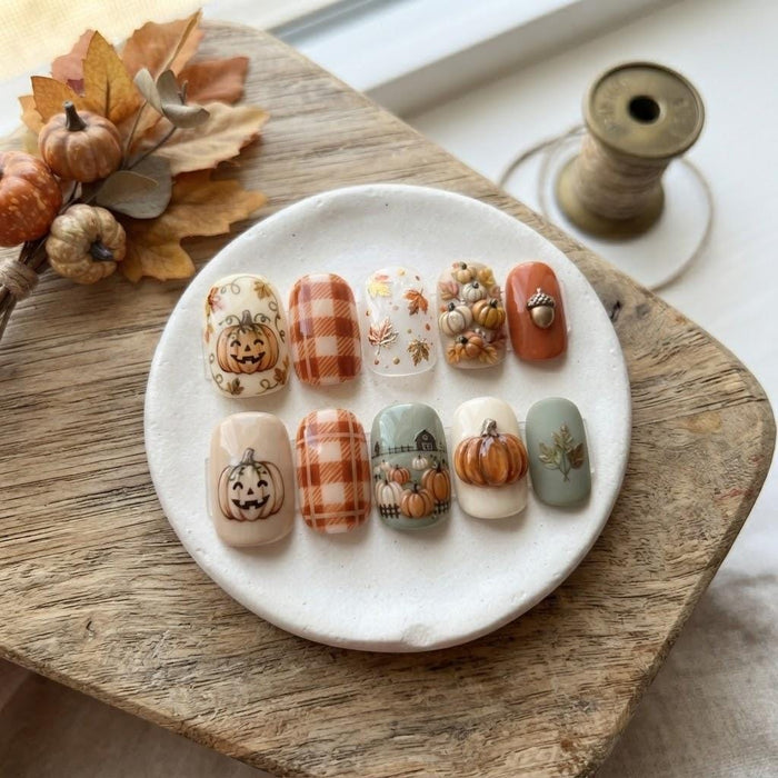 Pumpkin and Autumn Plaid Press On Nails with Leaves and Acorns