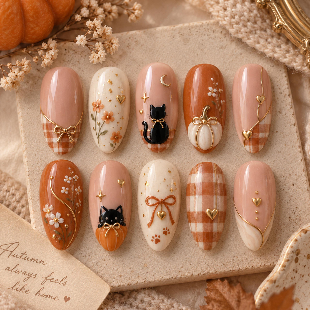 Pumpkin and Black Cat Fall Plaid Nail Set with Gold Bows and Floral Details