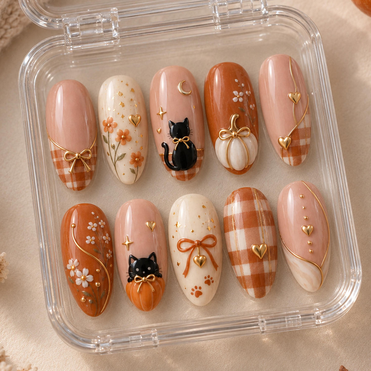 Pumpkin and Black Cat Fall Plaid Nail Set with Gold Bows and Floral Details