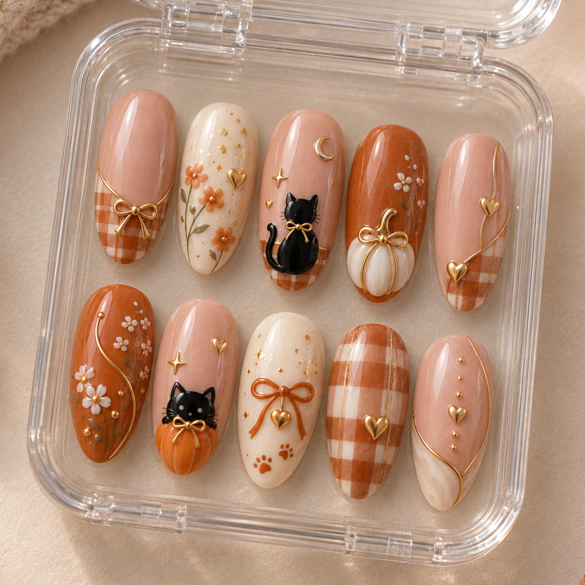 Pumpkin and Black Cat Fall Plaid Nail Set with Gold Bows and Floral Details