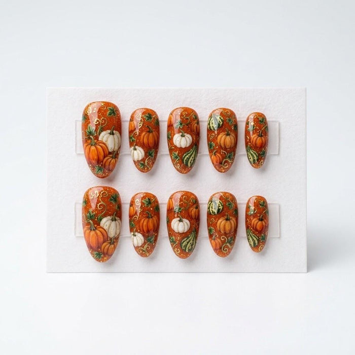 Pumpkin and Gourd Autumn Press On Nails With Green Vines and Orange Glitter