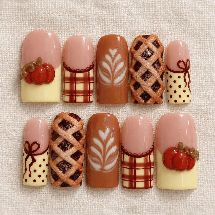 Pumpkin and Lattice Pie Press On Nails With Autumn Plaid and Latte Art