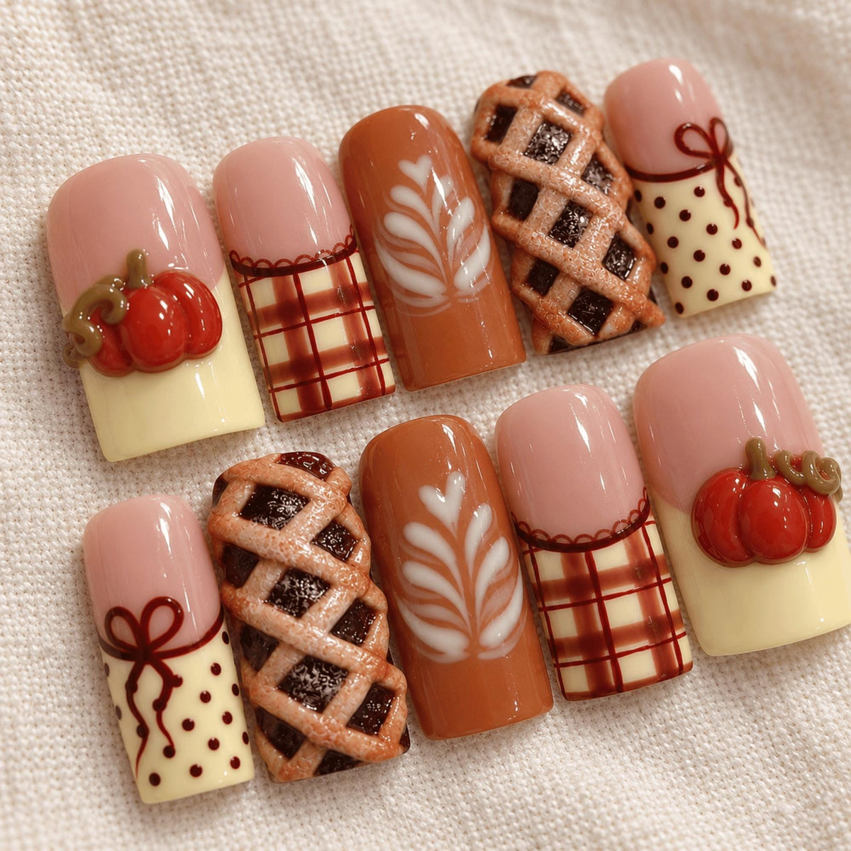 Pumpkin and Lattice Pie Nails With Autumn Plaid and Latte Art