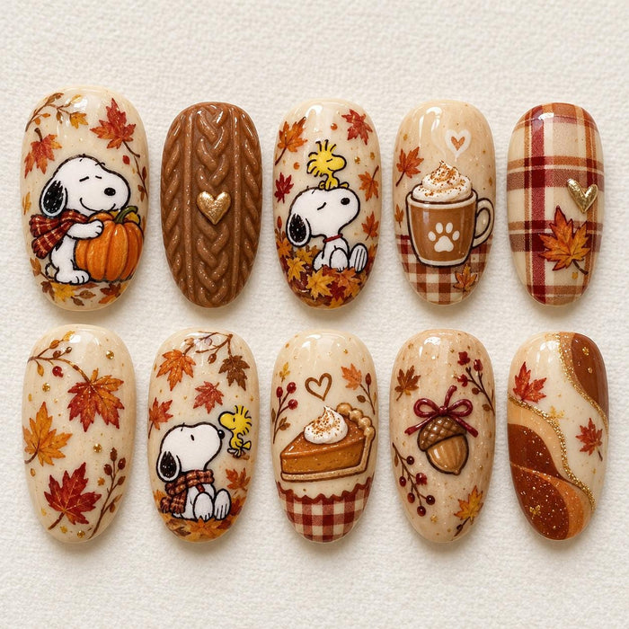 Pumpkin and Maple Leaf Thanksgiving Press On Nail Set with Plaid and Cable-Knit Details
