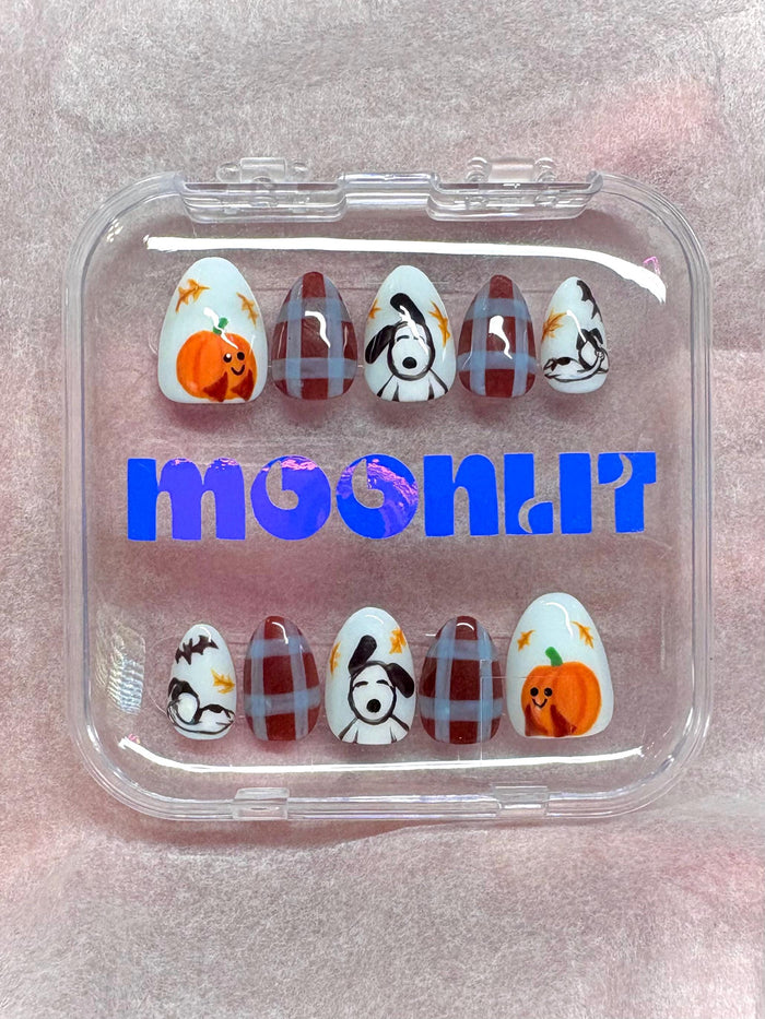 Pumpkin and Puppy Plaid Fall Press On Nail Set in Icy Blue and Brown