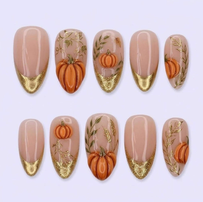 Pumpkin and Wheat Gold Glitter French Tip Press On Nail Set