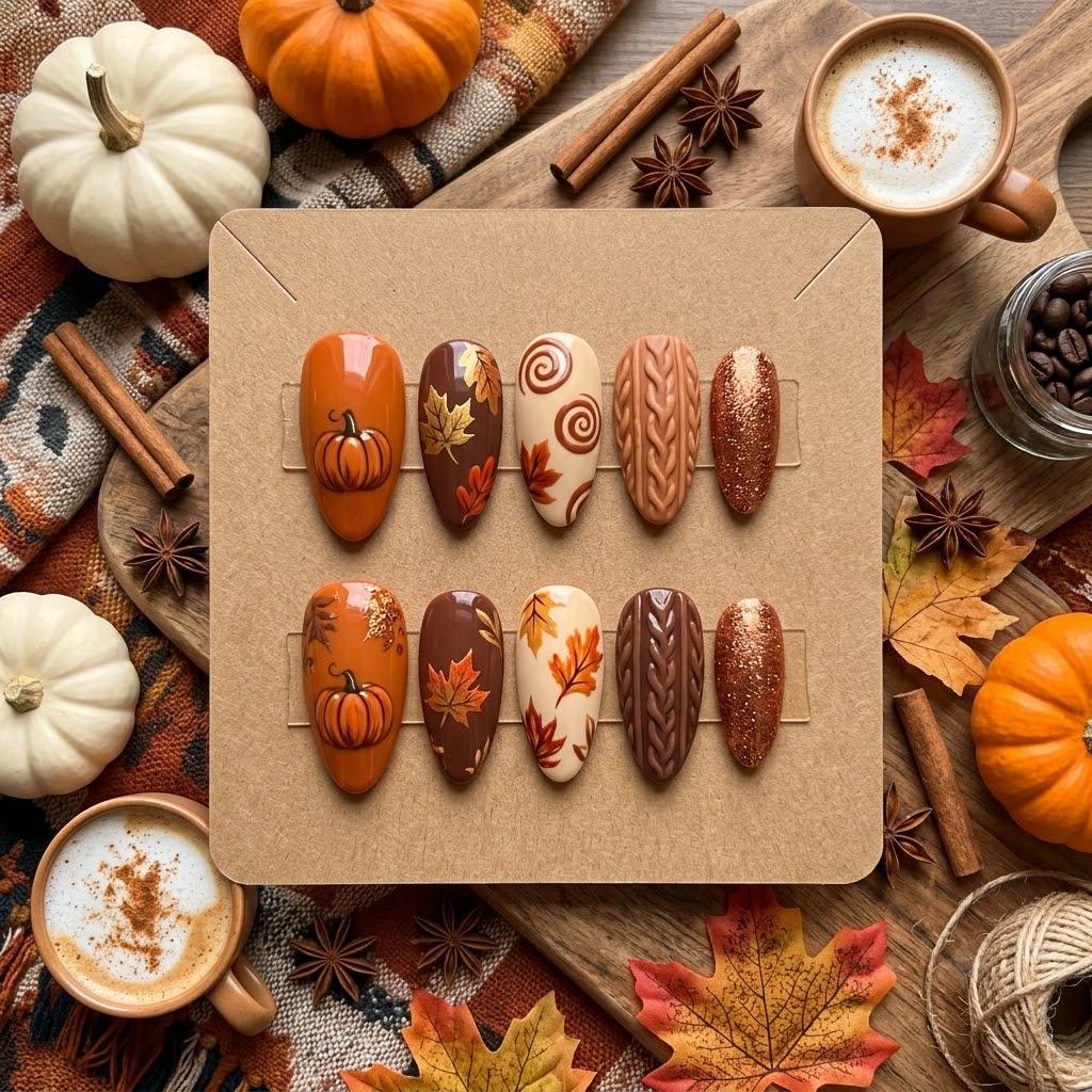 Pumpkin, Autumn Leaf and Sweater-Knit Fall Press-On Nails