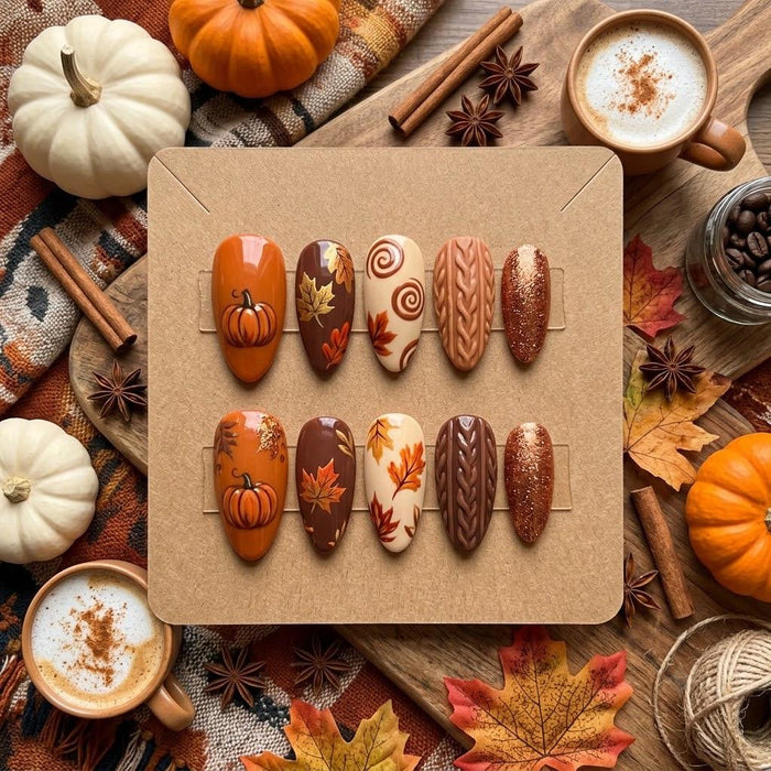 Pumpkin, Autumn Leaf and Sweater-Knit Fall Press-On Nails