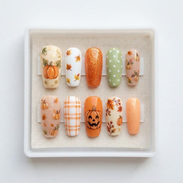 Pumpkin, Autumn Leaf & Plaid Press On Nails with Orange Glitter